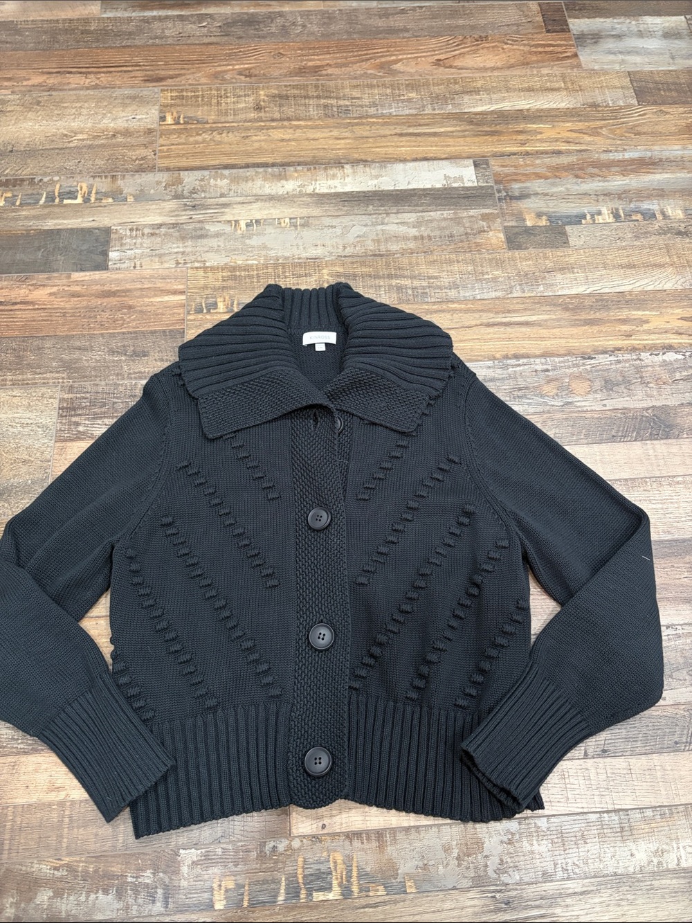 Kinross Black Textured Button-Front Shawl Collar Cardigan